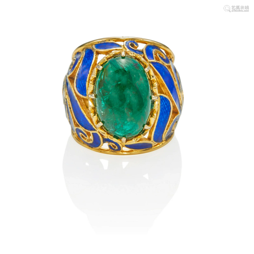 A 14K GOLD, EMERALD AND ENAMEL RING