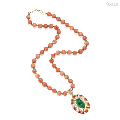 A 14K GOLD, EMERALD, CORAL, DIAMOND AND ENAMEL PENDANT NECKL...