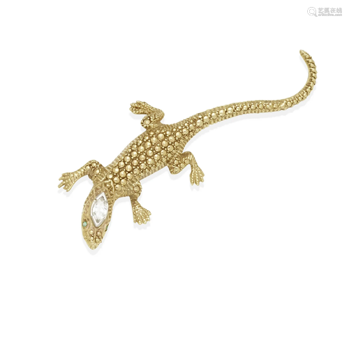 A 14K GOLD AND DIAMOND LIZARD BROOCH