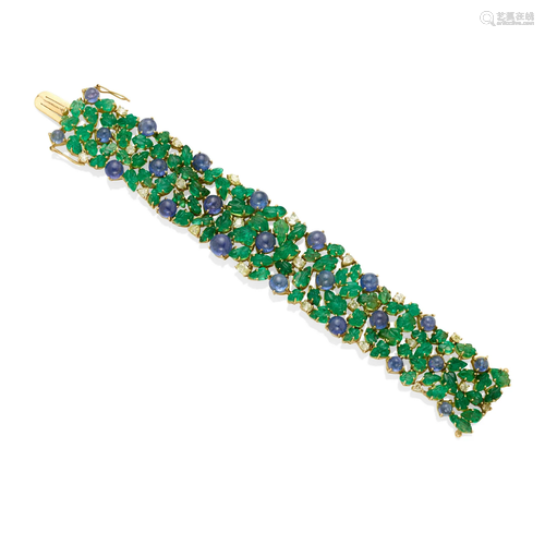 A 14K GOLD, TANZANITE, EMERALD AND DIAMOND BRACELET