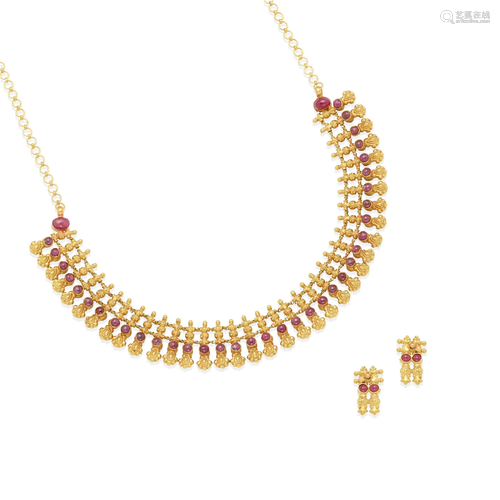 A 22K GOLD, RUBY AND EMERALD NECKLACE AND EARRING SET