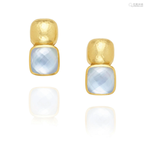 A PAIR OF GOLD, QUARTZ AND MOTHER-OF-PEARL EARRINGS