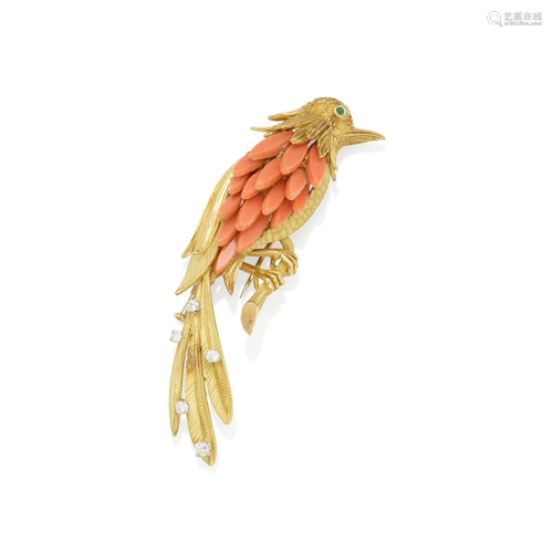 VAN CLEEF & ARPELS: AN 18K GOLD, CORAL AND DIAMOND BROOC...