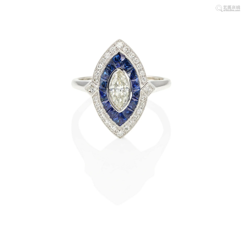 A 14K WHITE GOLD, SAPPHIRE AND DIAMOND RING