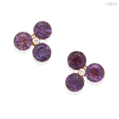 TWO 14K GOLD, AMETHYST AND DIAMOND BROOCHES