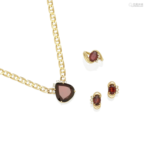 A SET OF 14K GOLD, GARNET AND DIAMOND JEWELRY