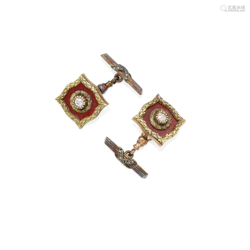 FABERGÉ: A PAIR OF 14K BI-COLOR GOLD, ENAMEL AND DIAMOND CUF...