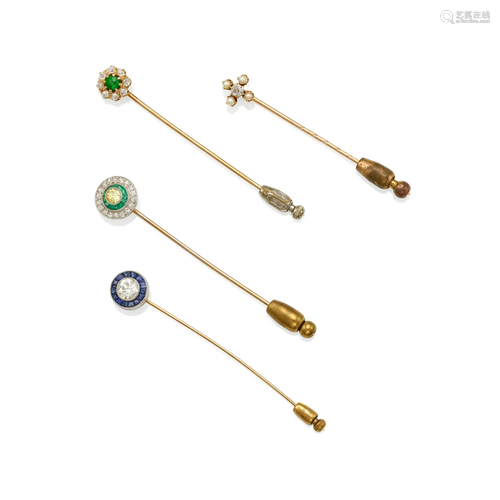 A GROUP OF FOUR PLATINUM, 14K GOLD, DIAMOND AND GEM-SET STIC...