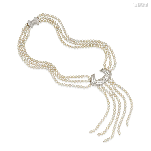 A PLATINUM, 14K WHITE GOLD, CULTURED PEARL AND DIAMOND NECKL...