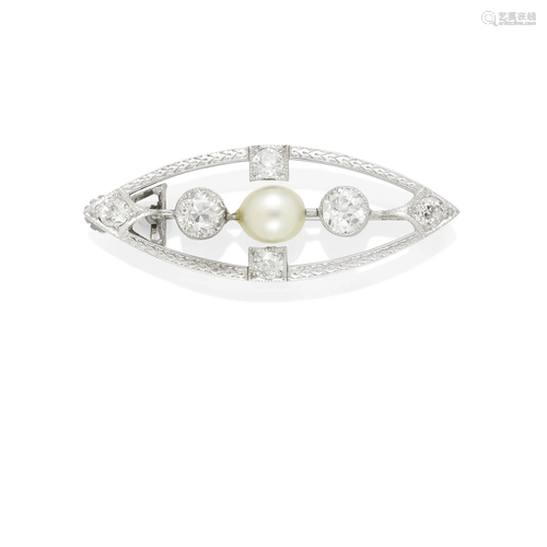 AN 18K WHITE GOLD, NATURAL PEARL AND DIAMOND BROOCH