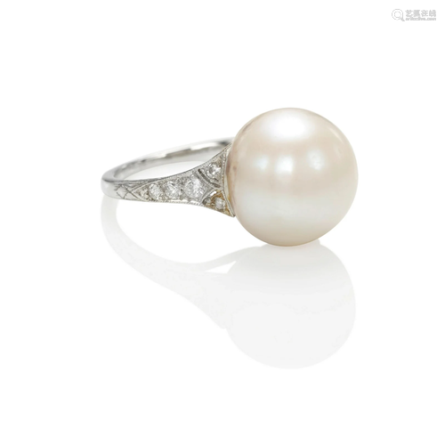 A PLATINUM, NATURAL PEARL AND DIAMOND RING