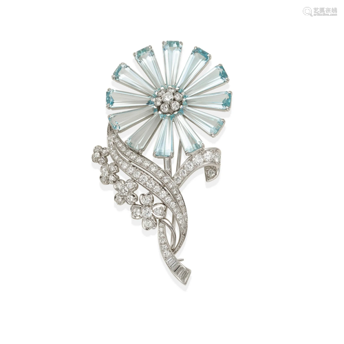 TIFFANY & CO.: A PLATINUM, AQUAMARINE AND DIAMOND BROOCH