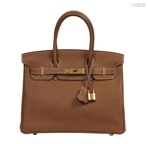 HERMÈS 2006 Sac BIRKIN 30 Veau Togo Gold Piqué sellier blanc...