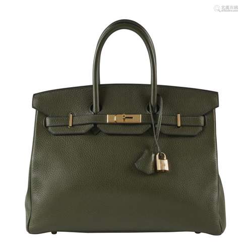 HERMÈS 2000 Sac BIRKIN 35 Taurillon Clémence kaki Garniture ...