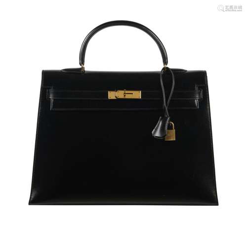 HERMÈS 1986 Sac KELLY Sellier 35 Box noir Garniture métal pl...