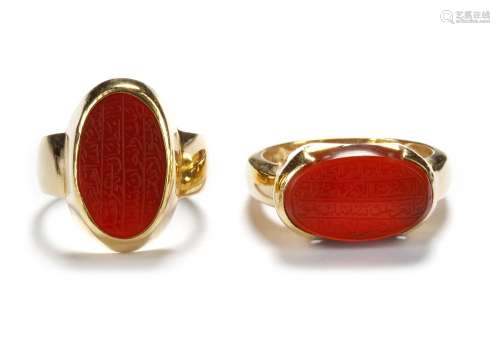TWO AGATE GOLD RINGS