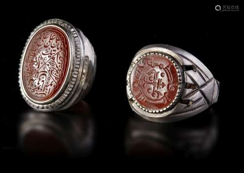 TWO AGATE SEAL SILVER RINGS