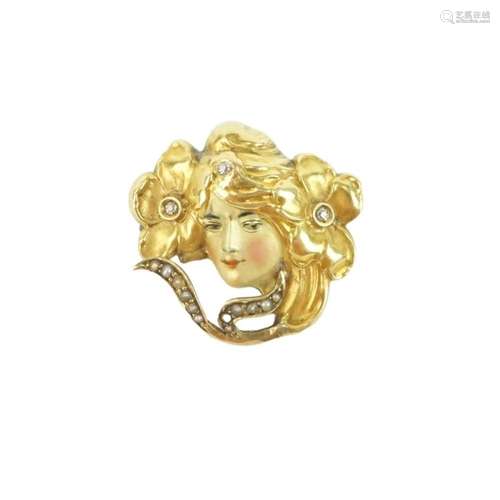 Art Nouveau Diamond and 14K Brooch