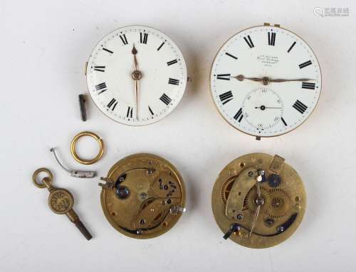 A fusee pocket watch movement, enamelled dial and gilt dust ...