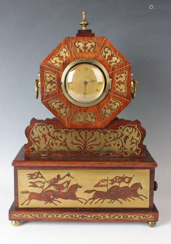 A Victorian rosewood and brass inlaid mantel timepiece, the ...