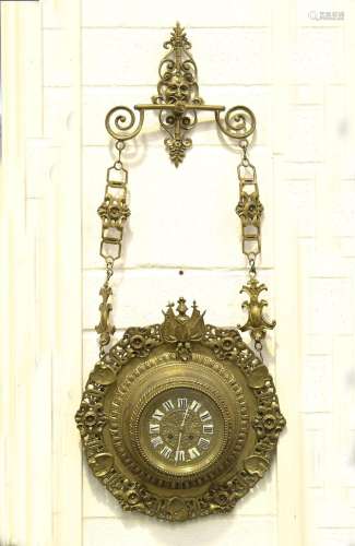 A late 19th century French brass cased hanging wall clock wi...