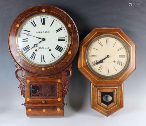 A late 19th century inlaid rosewood drop dial wall clock wit...