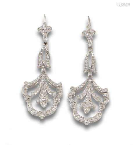 Long earrings, antique style, 18 kt white gold.