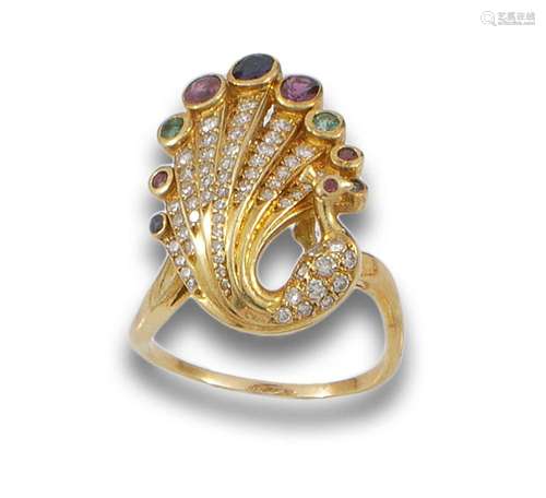 Peacock ring, made in 18 kt yellow gold, with pavé diamonds.