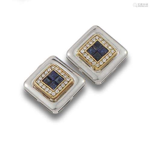 18 kt white and yellow gold square earrings.