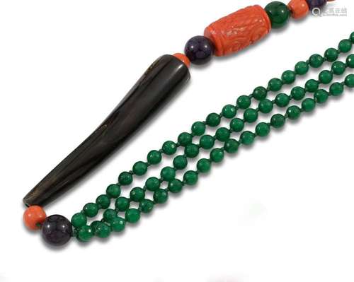 Long multi-strand necklace of amethyst, coral and green agat...