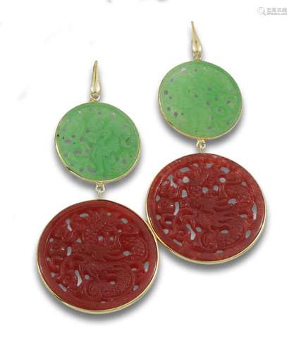 Long gilt silver earrings with green and reddish brown jade ...