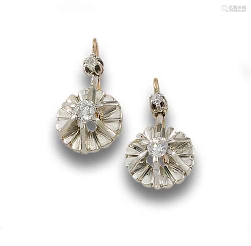 Antique low rhodium-plated gold pendant earrings, with diamo...