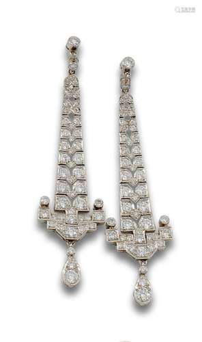 Long earrings, Art Deco style in platinum.