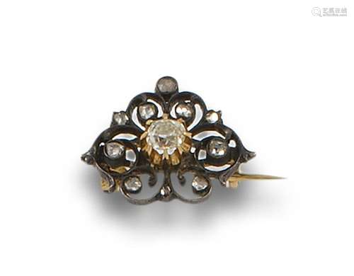 Old yellow gold brooch, silver front and diamond detail, ros...