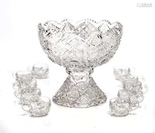 BRILLIANT CUT GLASS PUNCH BOWL ON SEPARATE BASE, 10 CUPS C 1...