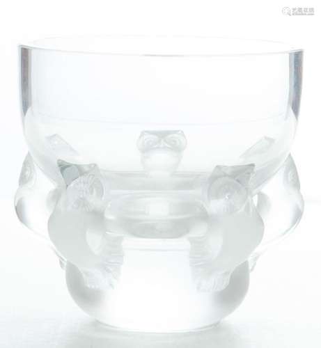 LALIQUE FRANCE, CRYSTAL HIBOUX OWL VASE H 5.25", DIA 5....