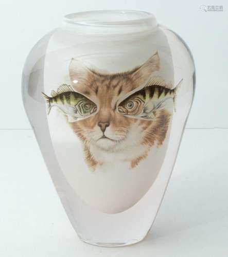 TOAN KLEIN, CANADA, HEAVY VASE WITH CAT FACE, FISH EYES C 19...