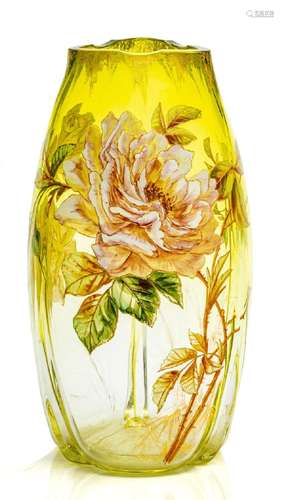 HAND BLOWN ENAMEL DECORATED GLASS VASE C 1880 H 9" MOTI...