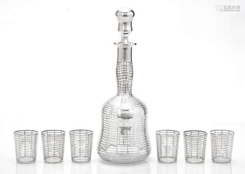 STERLING SILVER OVERLAY ON CRYSTAL DECANTER AND SIX SHOT GLA...