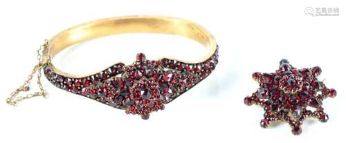 GARNET AND GOLD FILLED BANGLE BRACELET. ALSO BROOCH C 1880