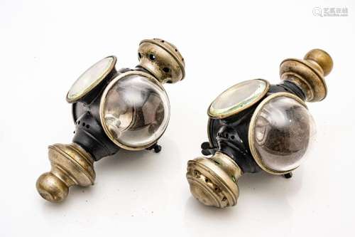 BRASS AND BLACK METAL GAS COACH LIGHTS, C. 1900 PAIR H 11&qu...