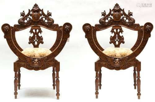 RENAISSANCE REVIVAL CARVED WALNUT UPHOLSTERED ARMCHAIRS, 19T...