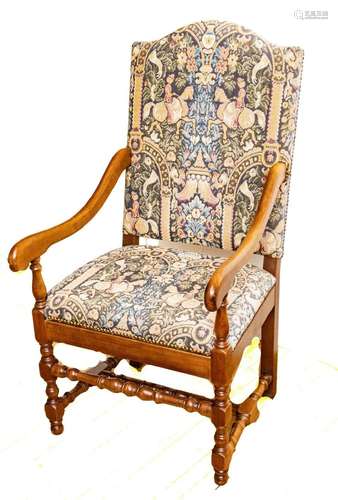 WILLIAM & MARY STYLE TAPESTRY UPHOLSTERED ARMCHAIR, H 46...