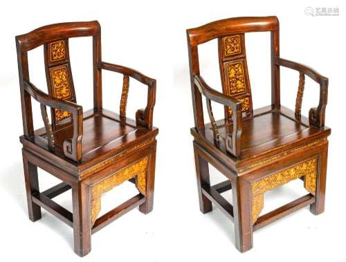 CHINESE 19TH.C TEAKWOOD CHAIRS WITH INLAY, PAIR H 44" W...