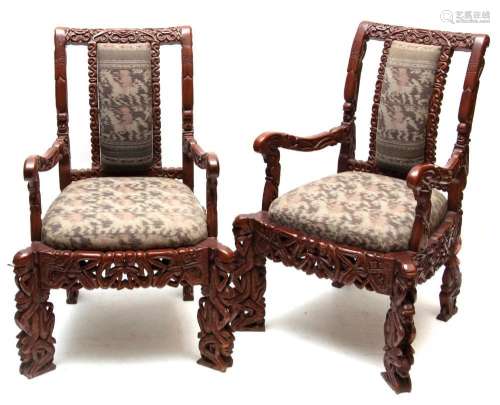ASIAN CARVED WOOD MONKEY ARM CHAIRS, PAIR H 39.5" W 27&...