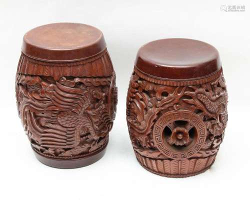 ASIAN CARVED WOOD DRAGON AND PHOENIX STOOLS, PAIR, H 20"...