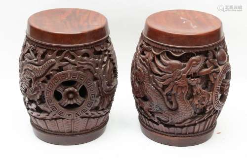 ASIAN CARVED WOOD DRAGON AND PHOENIX STOOLS PAIR, H 20"...