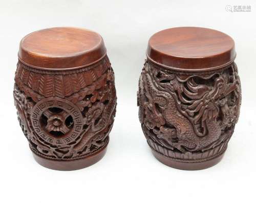 ASIAN CARVED WOOD DRAGON AND PHOENIX STOOLS, PAIR, H 20"...