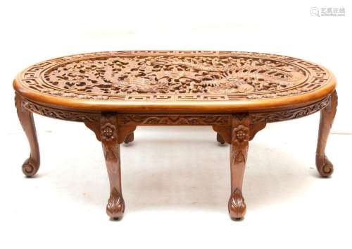 ASIAN CARVED WOOD DRAGON AND PHOENIX OVAL COFFEE TABLE, H 18...