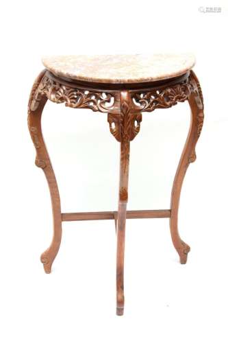 ASIAN CARVED WOOD MARBLE TOP DEMI LUNE CONSOLE, H 39" W...